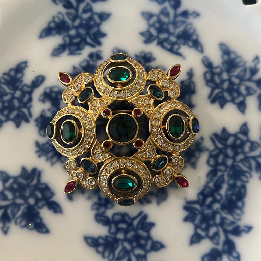 Christian Dior Vintage Brooch with Amethyst, Emerald, and Aqua Crystals